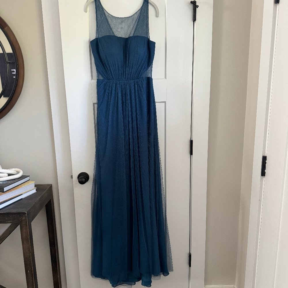 NEW ML Monique Lhuillier Bridesmaids TULLE ILLUSIONS Mesh Dark Blue Gown (Sz 8)